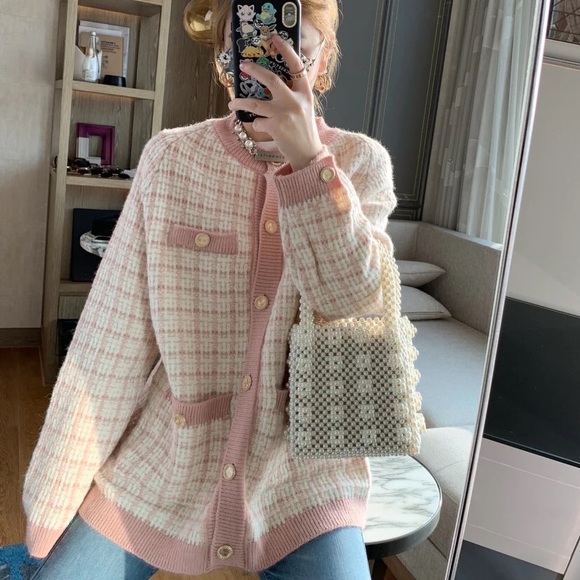 Cardigan sweater plaid pocket luxury pink cream stripe womens - Picture 2 of 5
